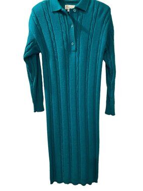 Vintage 80’s/90’s Teal Cable Knit Long Sweater Dress Size M Shoulder Pads Collar